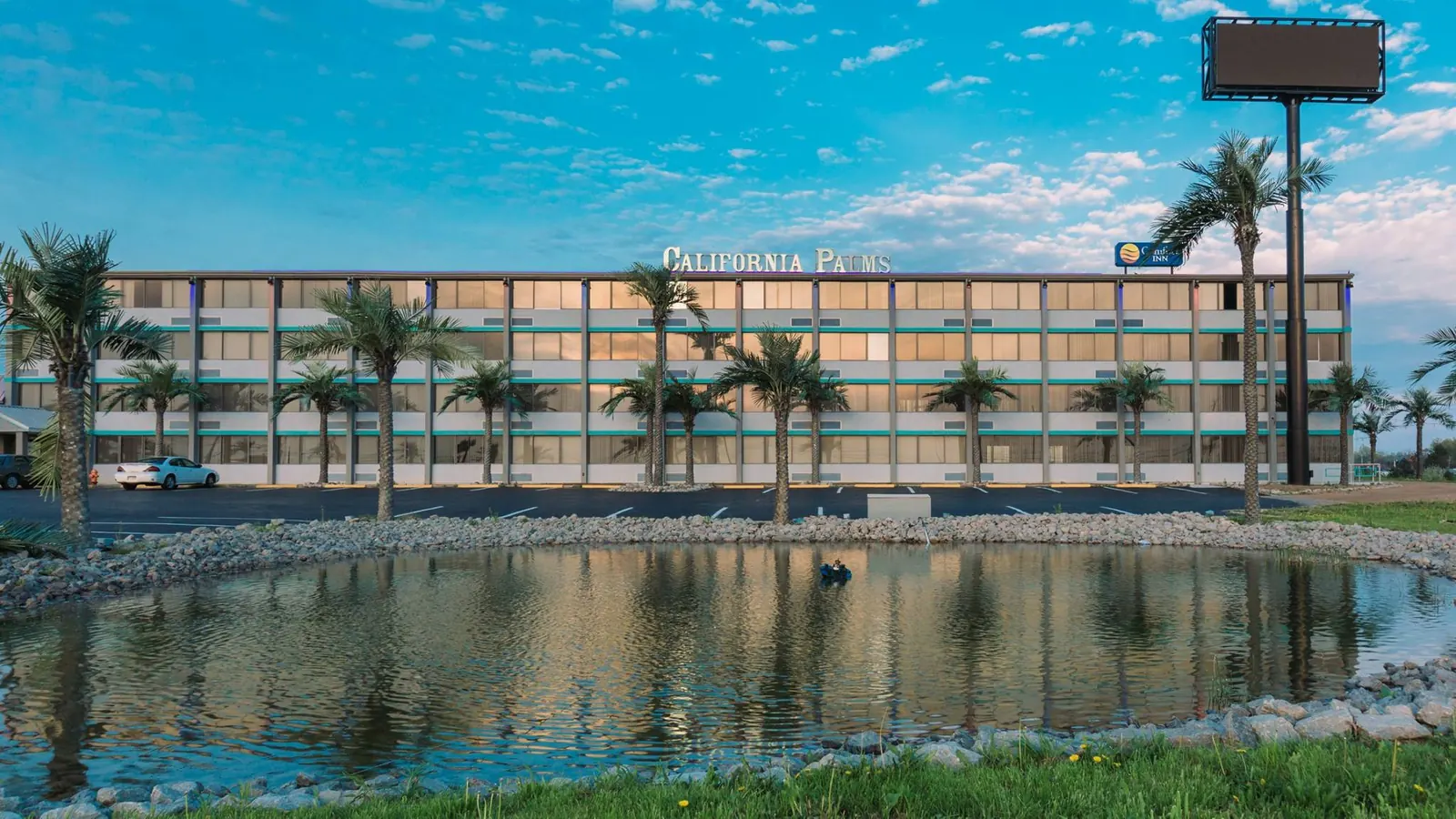 The California Palms campus across the pond, with palm trees